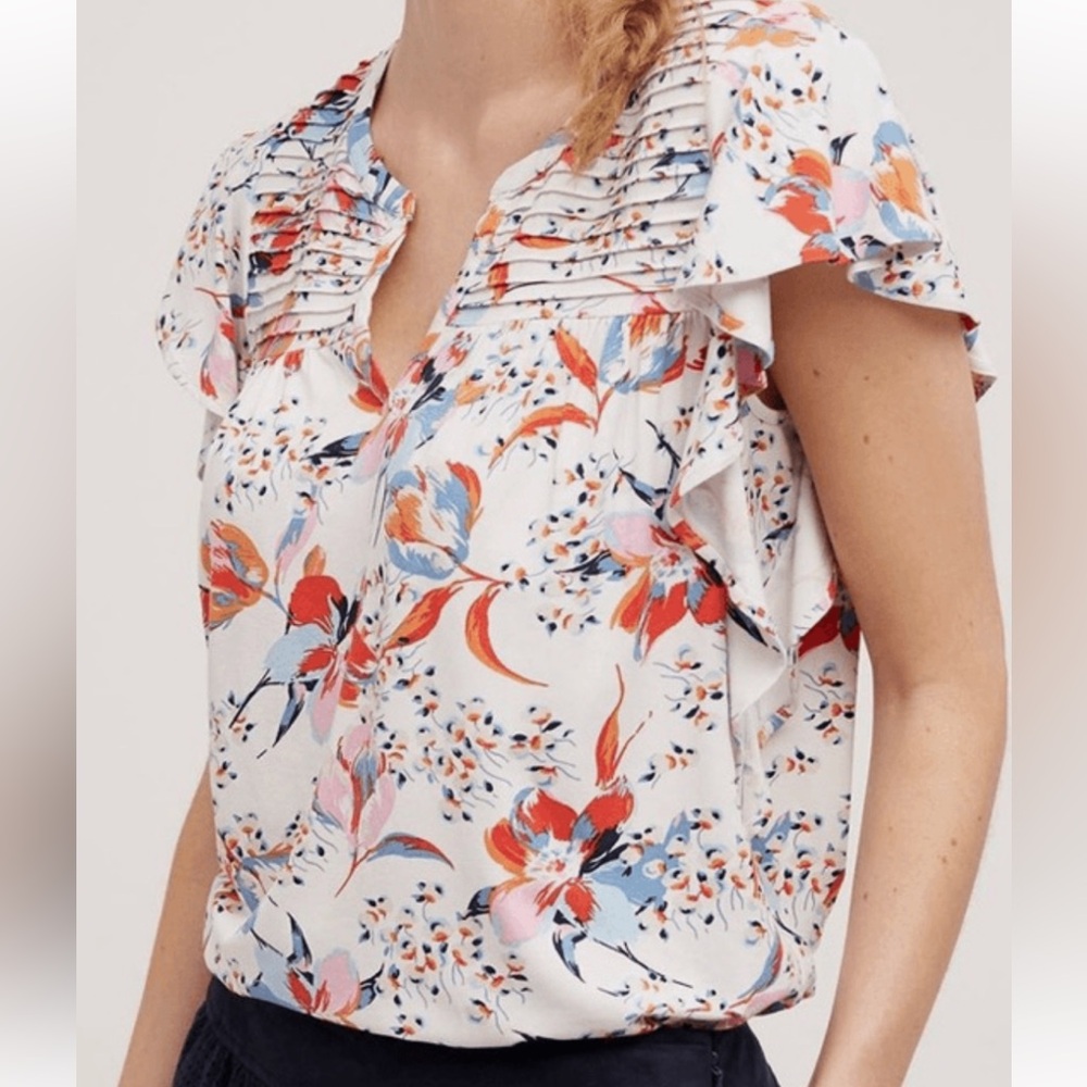 Anthropologie Ridged Yoke Tee in Red Motif by Meadow Rue Sz: Small